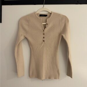 Beige Ribbed Long Sleeve Henley Top